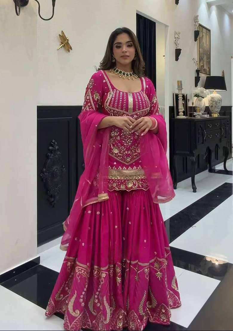 Pink Embroidered Silk Sharara Set - Indya