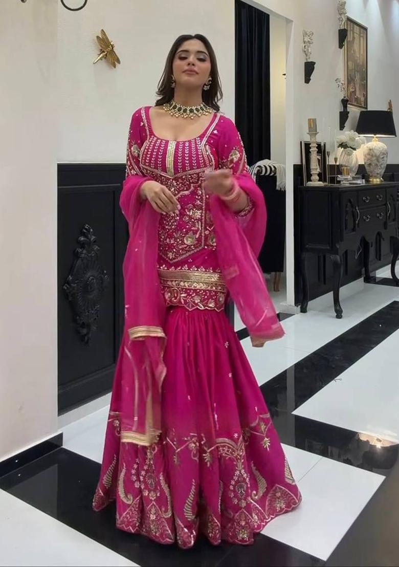 Pink Embroidered Silk Sharara Set - Indya