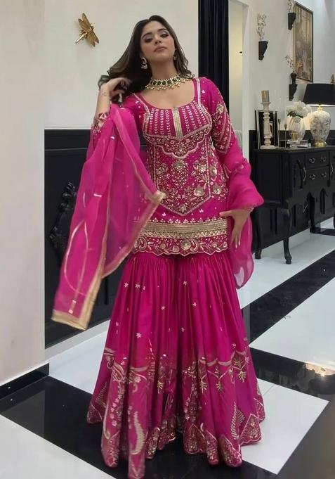Pink Embroidered Silk Sharara Set