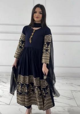 Navy Blue Embroidered Georgette Anarkali Set