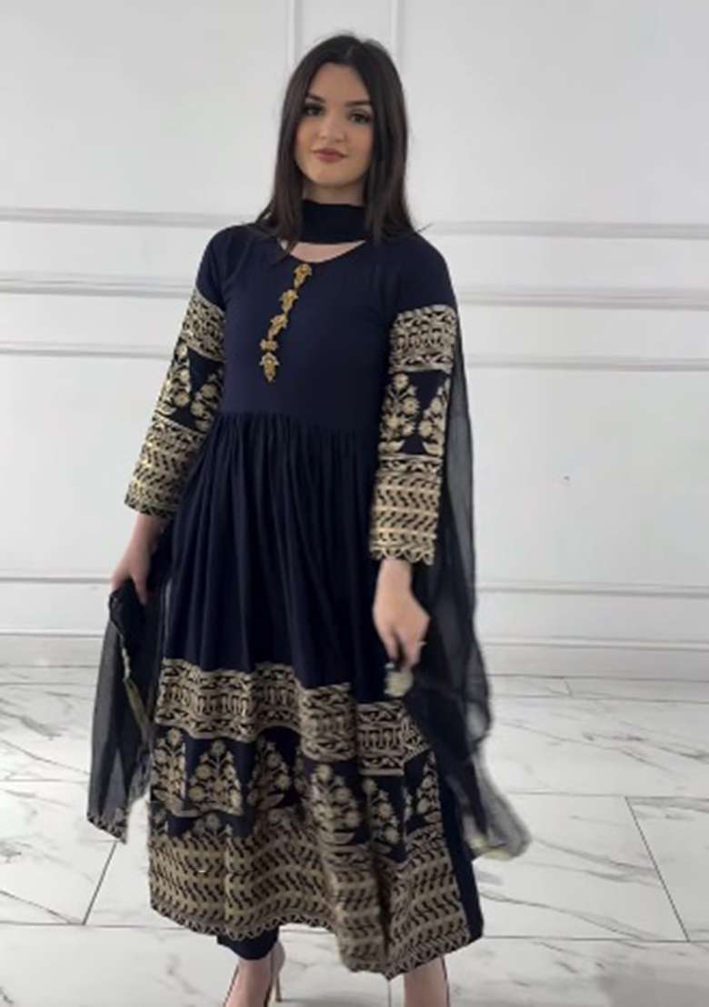 Navy Blue Embroidered Georgette Anarkali Set - Indya