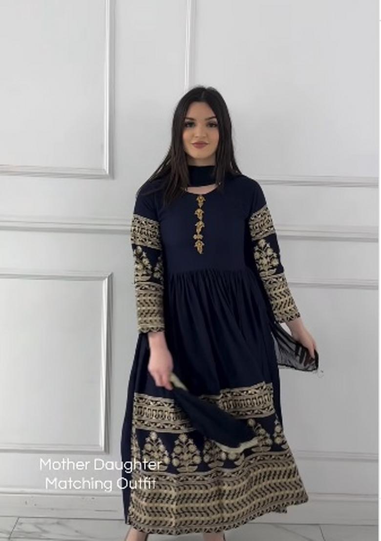 Navy Blue Embroidered Georgette Anarkali Set - Indya
