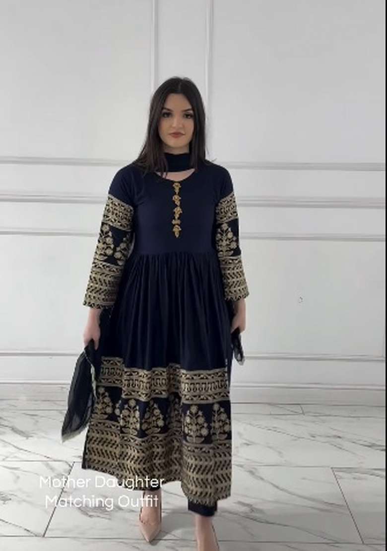 Navy Blue Embroidered Georgette Anarkali Set - Indya