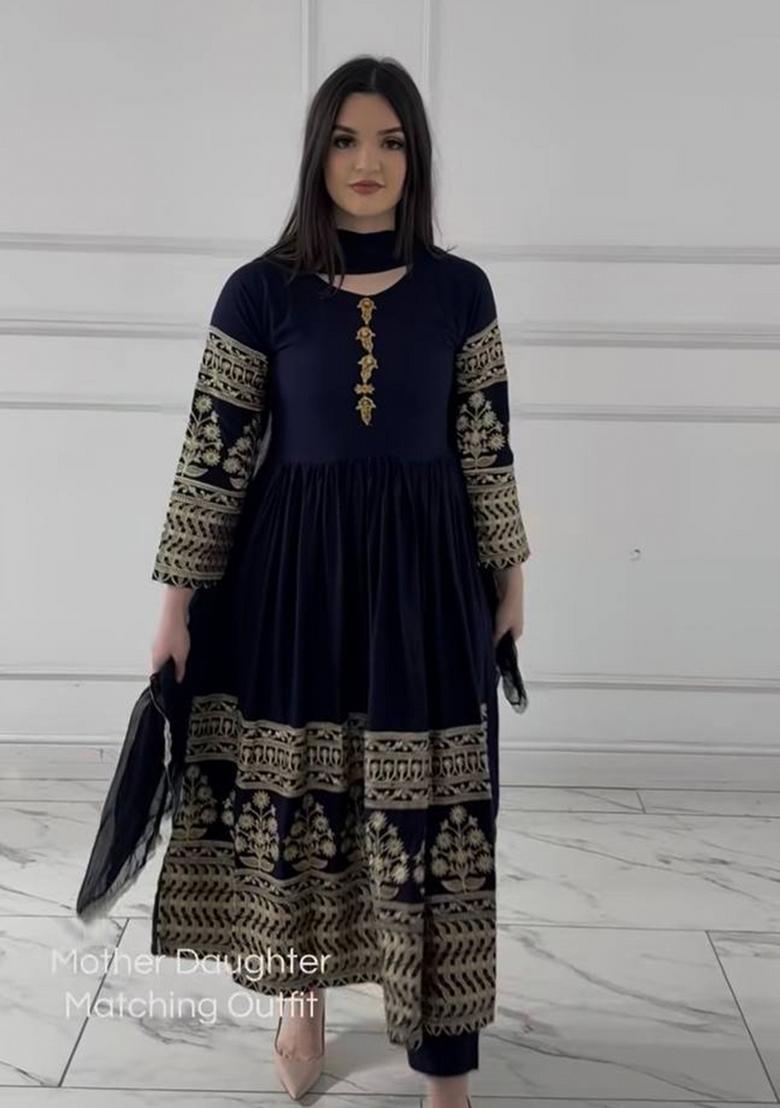 Navy Blue Embroidered Georgette Anarkali Set - Indya