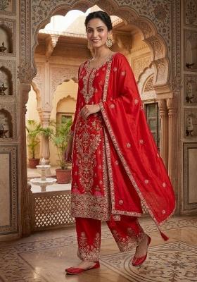 Red Embroidered Chinon Sharara Set