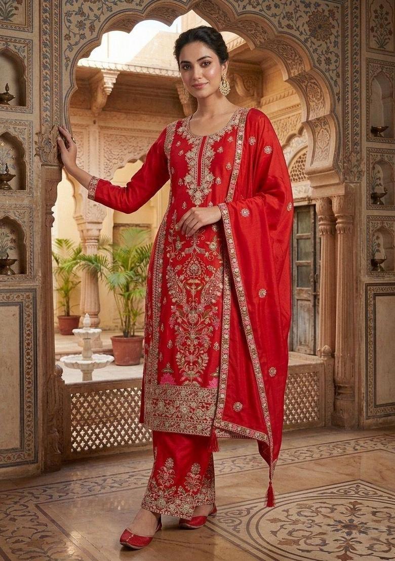Red Embroidered Chinon Sharara Set - Indya