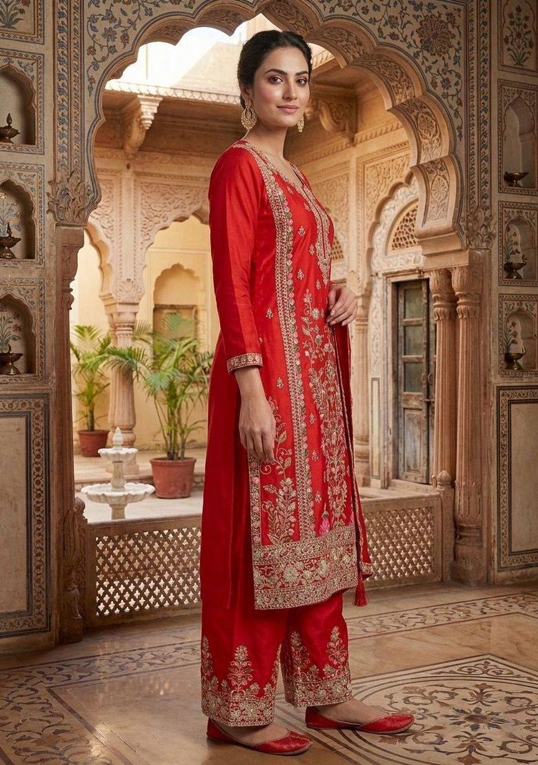 Red Embroidered Chinon Sharara Set - Indya