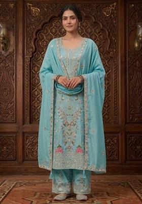 Sky Blue Embroidered Chinon Sharara Set