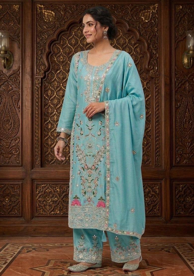Sky Blue Embroidered Chinon Sharara Set - Indya