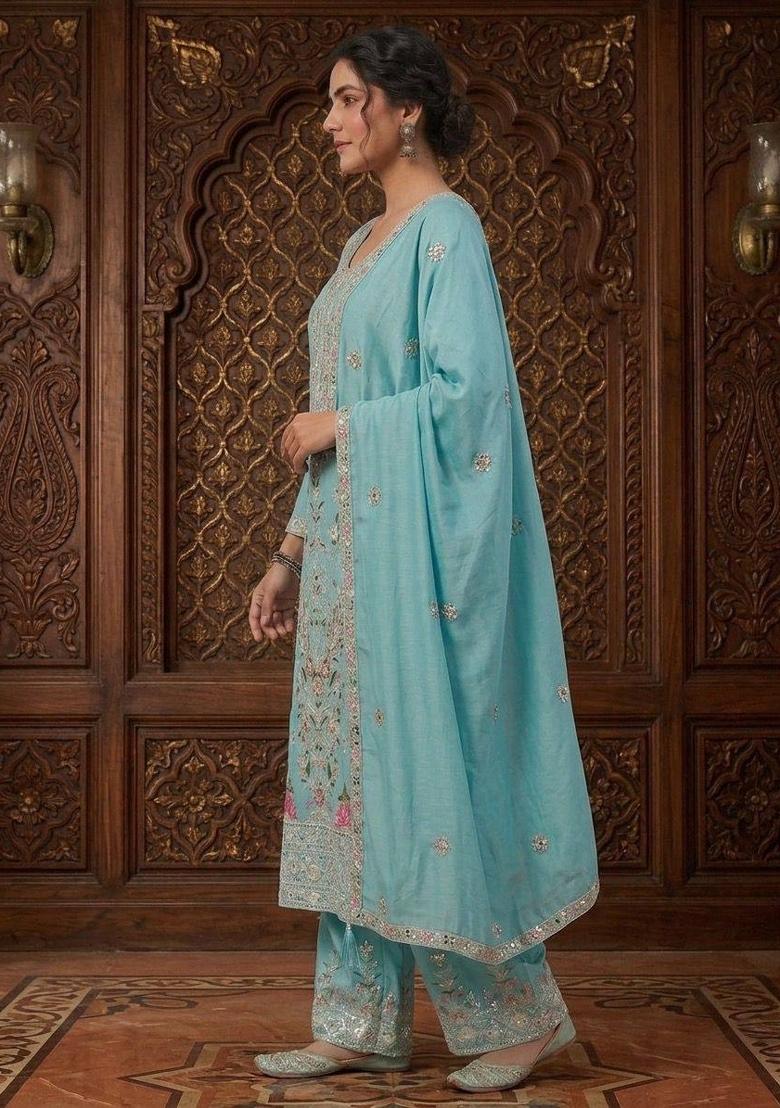 Sky Blue Embroidered Chinon Sharara Set - Indya