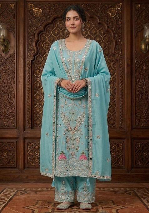 Sky Blue Embroidered Chinon Sharara Set