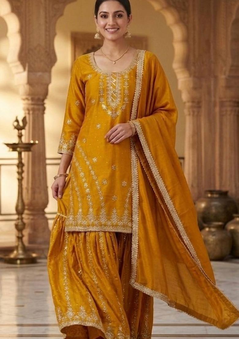 Yellow Embroidered Chinon Sharara Set - Indya
