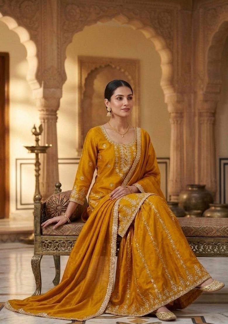 Yellow Embroidered Chinon Sharara Set - Indya