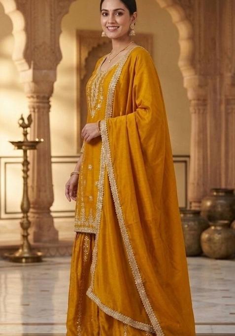 Yellow Embroidered Chinon Sharara Set