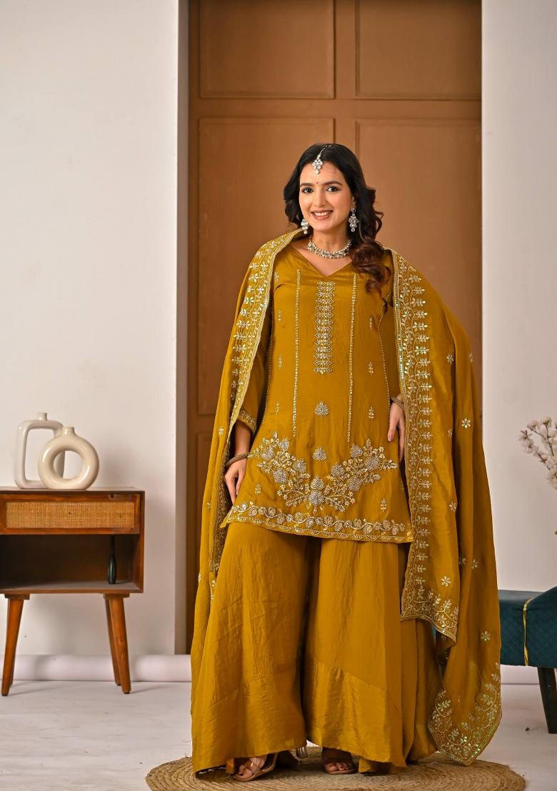 Yellow Embroidered Silk Sharara Set - Indya