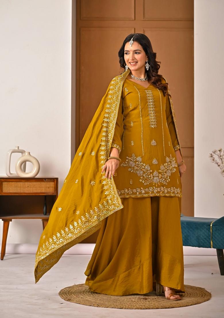 Yellow Embroidered Silk Sharara Set - Indya