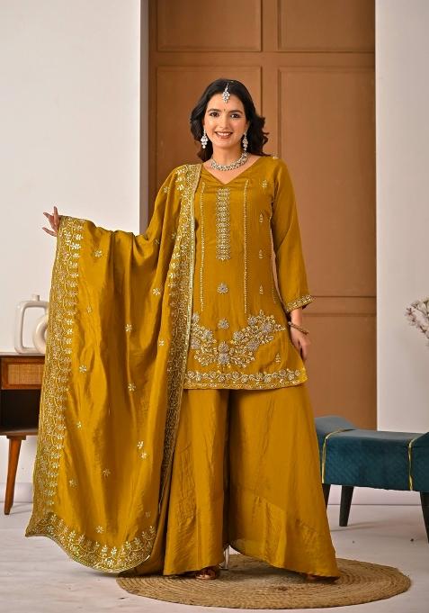 Yellow Embroidered Silk Sharara Set
