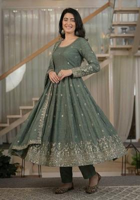 Green Embroidered Silk Blend Anarkali Set