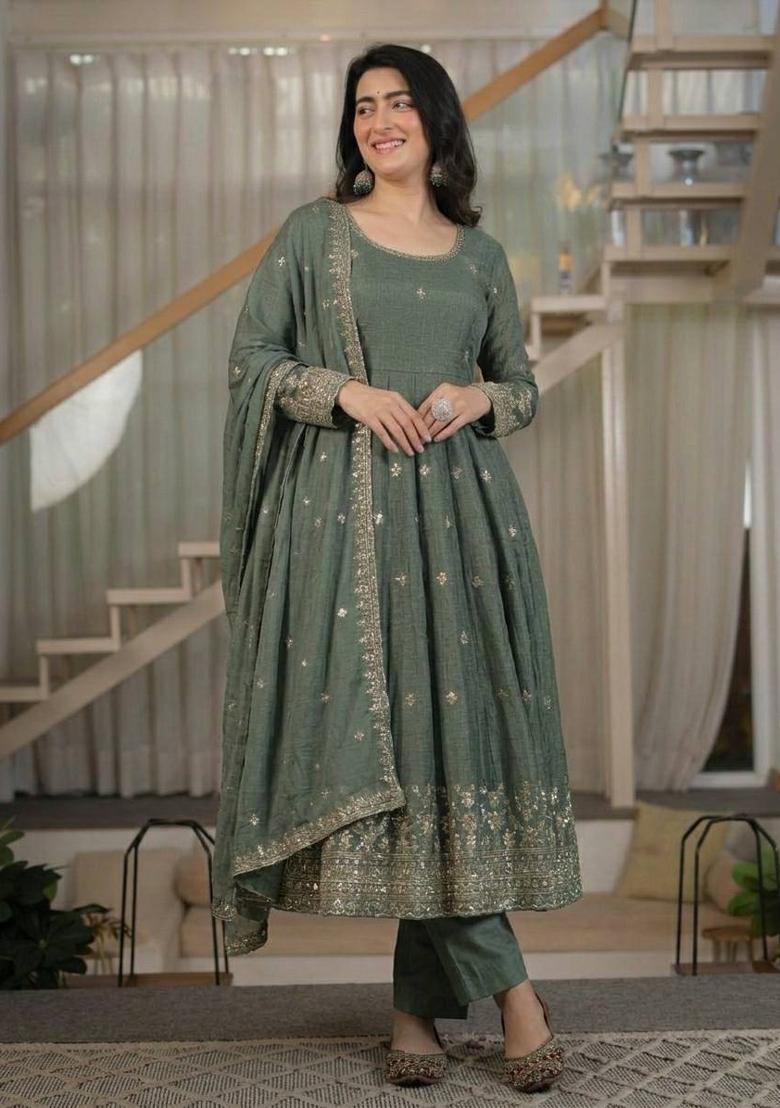 Green Embroidered Silk Blend Anarkali Set - Indya