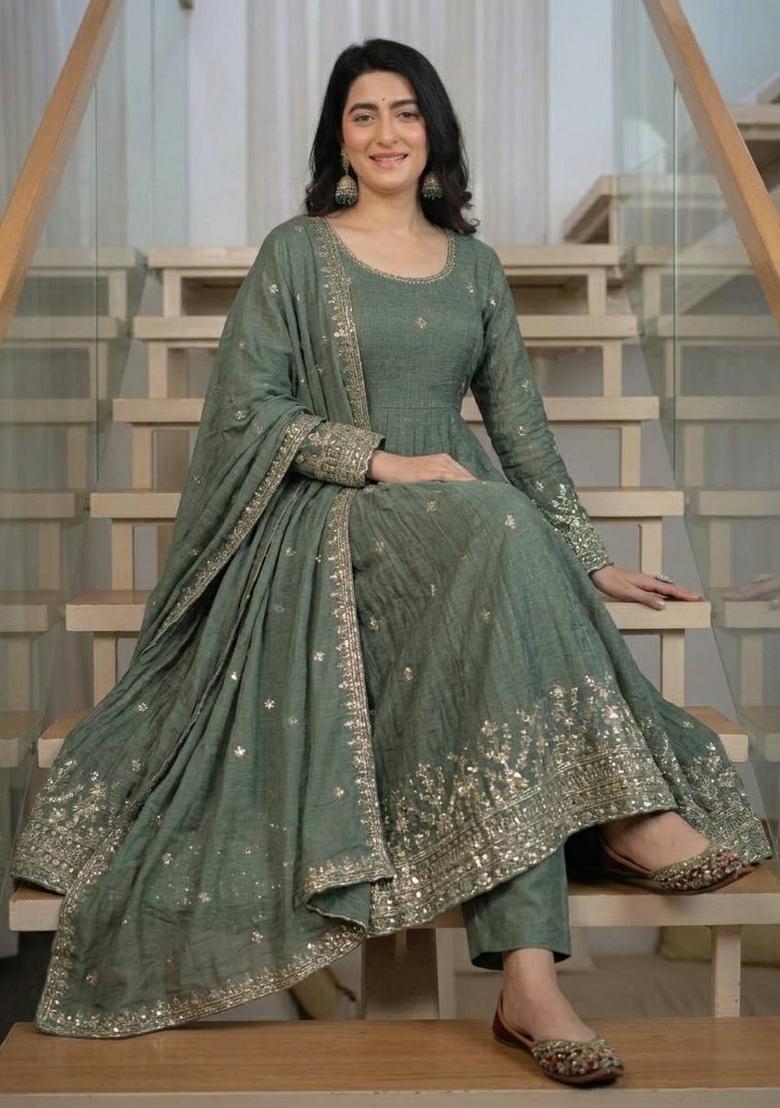 Green Embroidered Silk Blend Anarkali Set - Indya