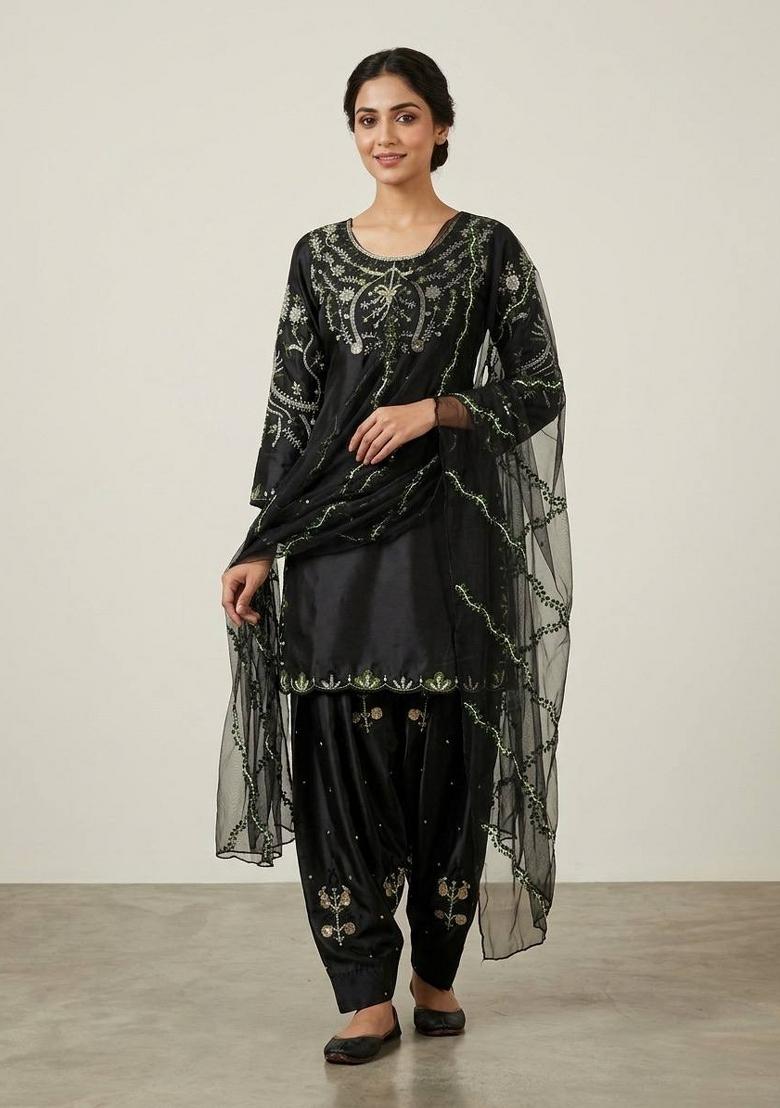 Black Embroidered Satin Farshi Salwar - Indya