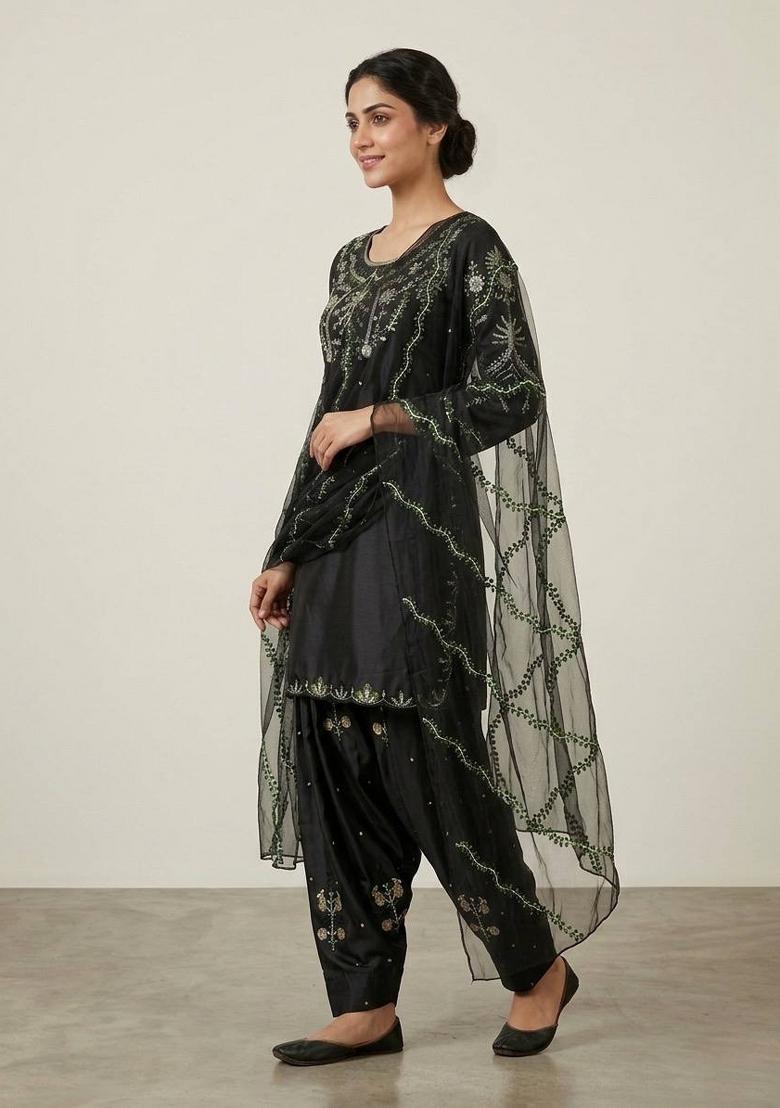 Black Embroidered Satin Farshi Salwar - Indya