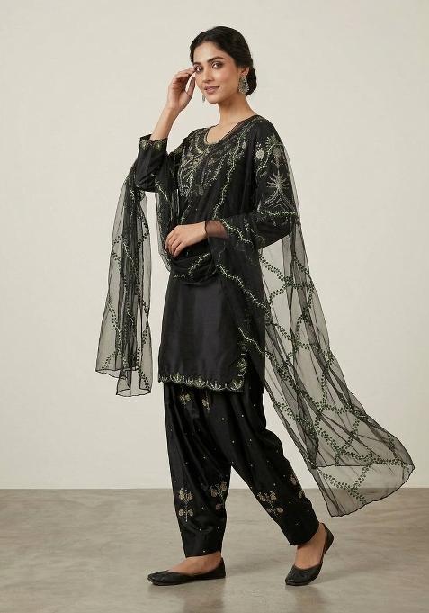 Black Embroidered Satin Farshi Salwar