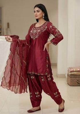 Maroon Embroidered Satin Farshi Salwar