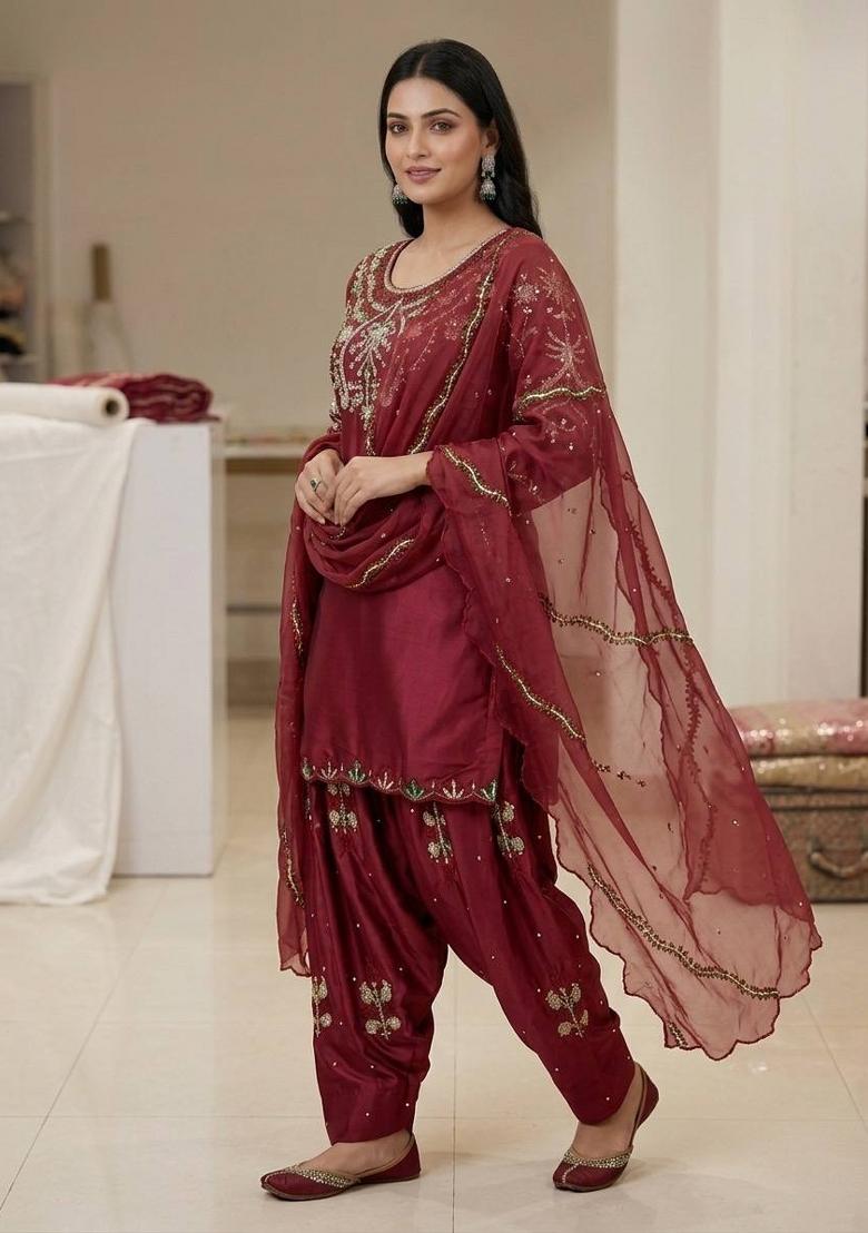 Maroon Embroidered Satin Farshi Salwar - Indya