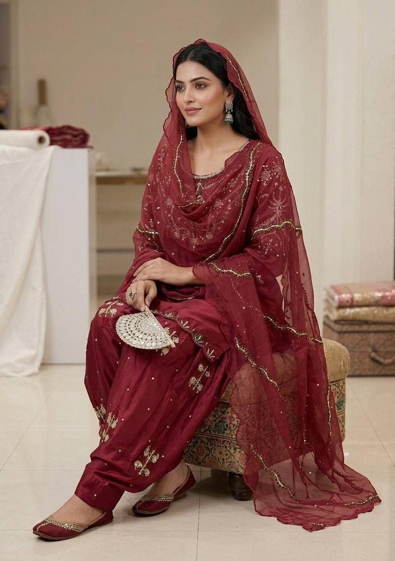 Maroon Embroidered Satin Farshi Salwar - Indya