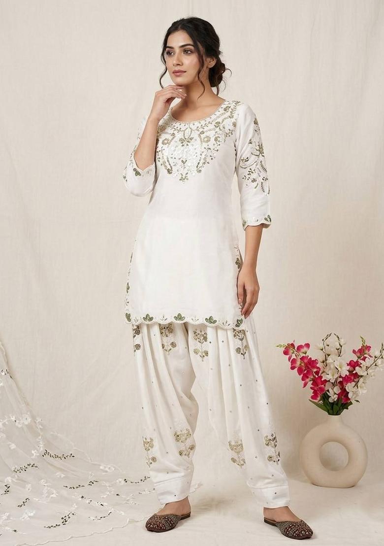 White Embroidered Satin Farshi Salwar - Indya