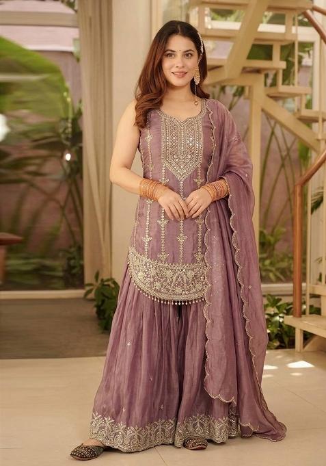 Purple Embroidered Fandi Sharara Set