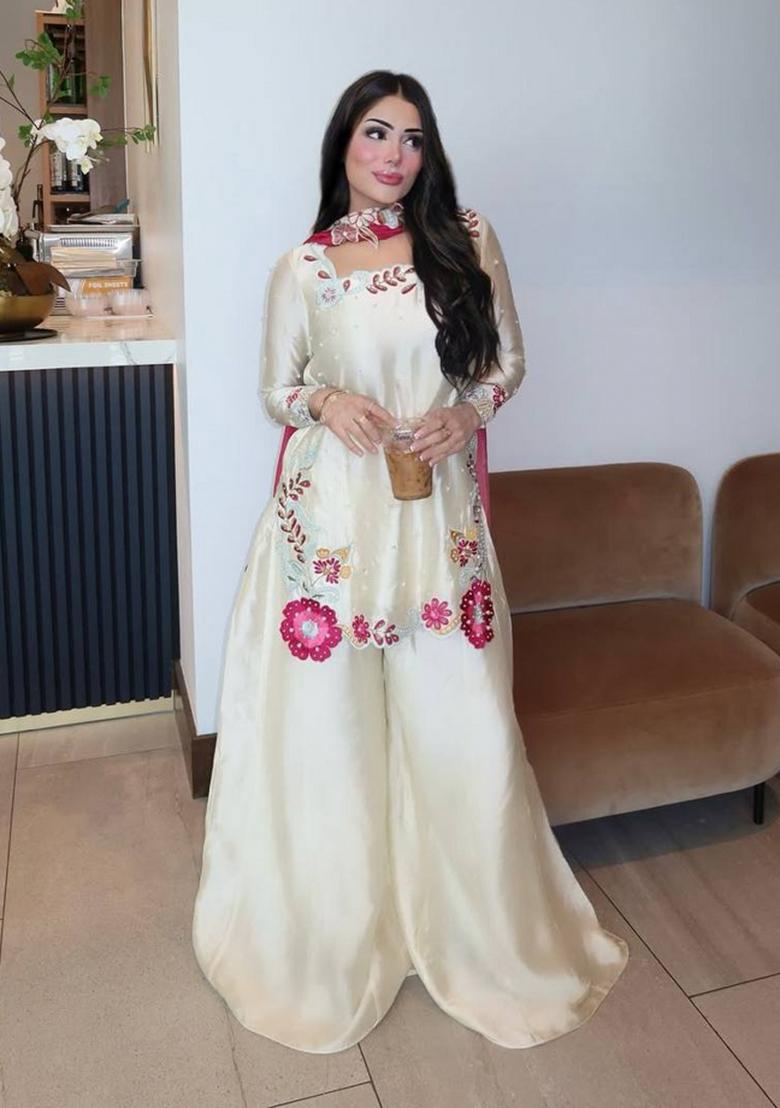 White Embroidered Silk Sharara Set - Indya
