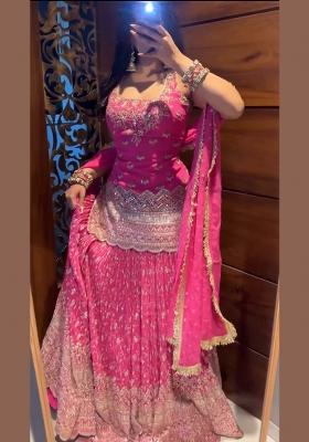 Pink Embroidered Chinon Sharara Set