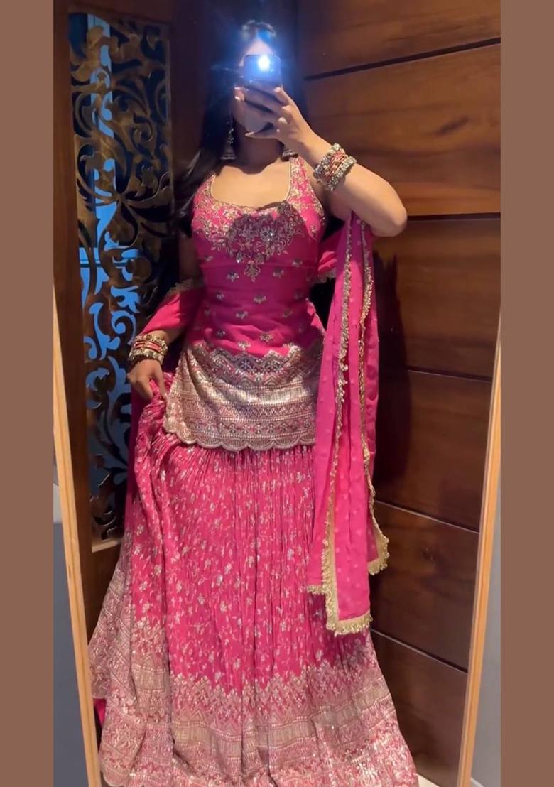 Pink Embroidered Chinon Sharara Set - Indya