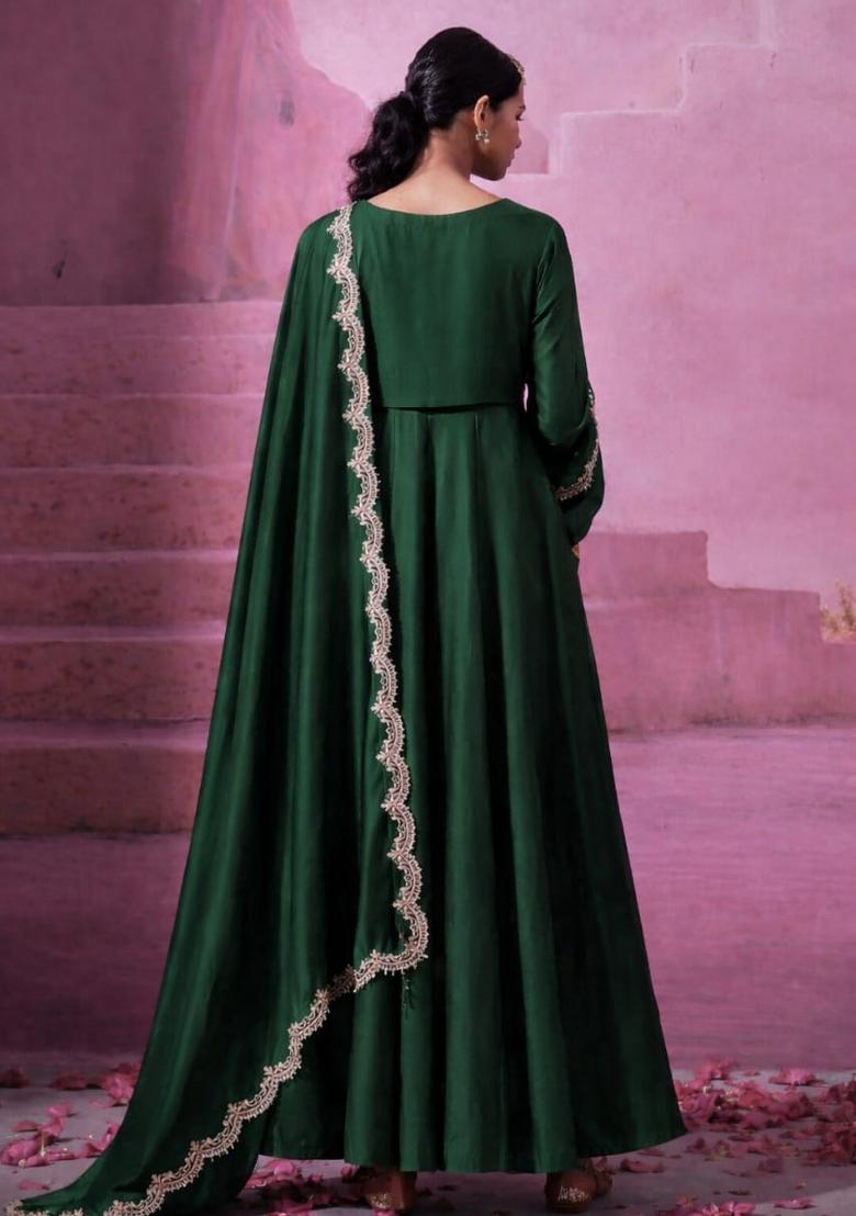 Green Sequin Work Silk Blend Kurta Set - Indya