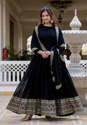 Black Sequin Work Georgette Kurta With Dupatta