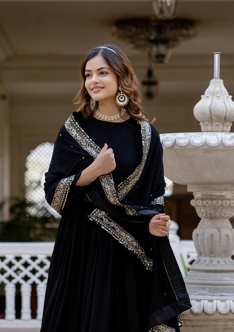 Black Sequin Work Georgette Kurta With Dupatta - Indya