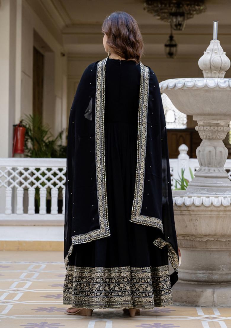 Black Sequin Work Georgette Kurta With Dupatta - Indya