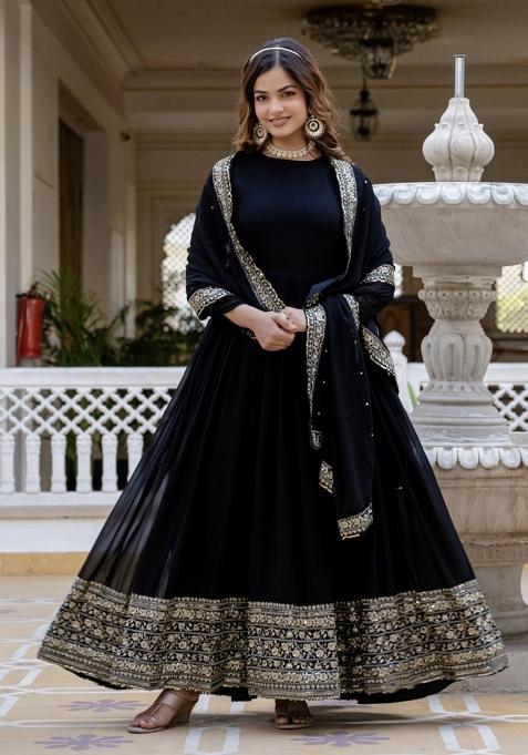 Black Sequin Work Georgette Kurta With Dupatta