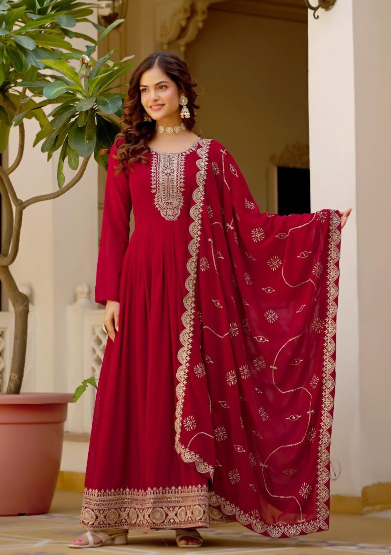 Maroon Sequin Work Georgette Kurta With Dupatta - Indya