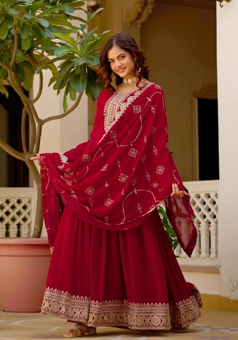 Maroon Sequin Work Georgette Kurta With Dupatta