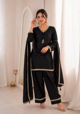 Black Sequin Work Silk Blend Kurta Set