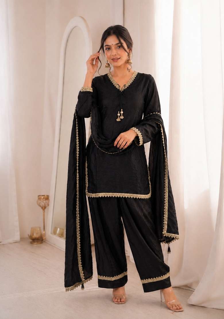 Black Sequin Work Silk Blend Kurta Set - Indya