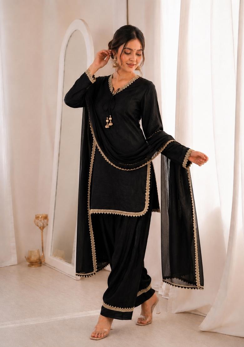 Black Sequin Work Silk Blend Kurta Set - Indya