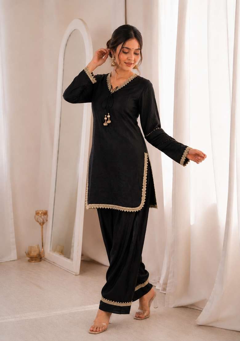 Black Sequin Work Silk Blend Kurta Set - Indya