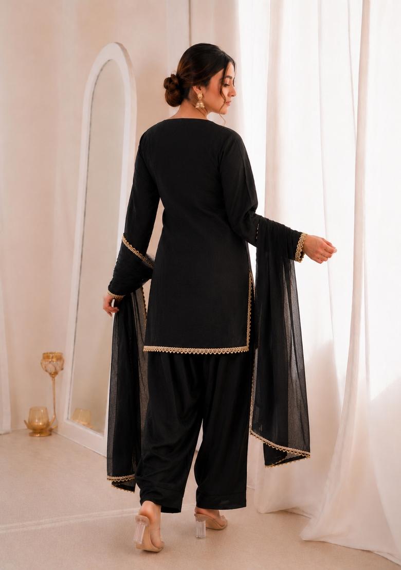 Black Sequin Work Silk Blend Kurta Set - Indya