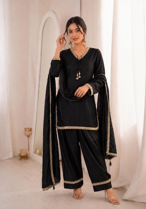 Black Sequin Work Silk Blend Kurta Set