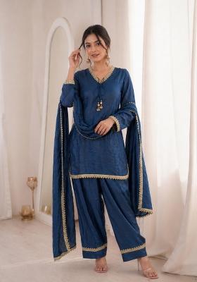 Blue Sequin Work Silk Blend Kurta Set