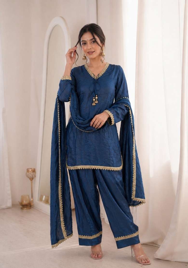 Blue Sequin Work Silk Blend Kurta Set - Indya
